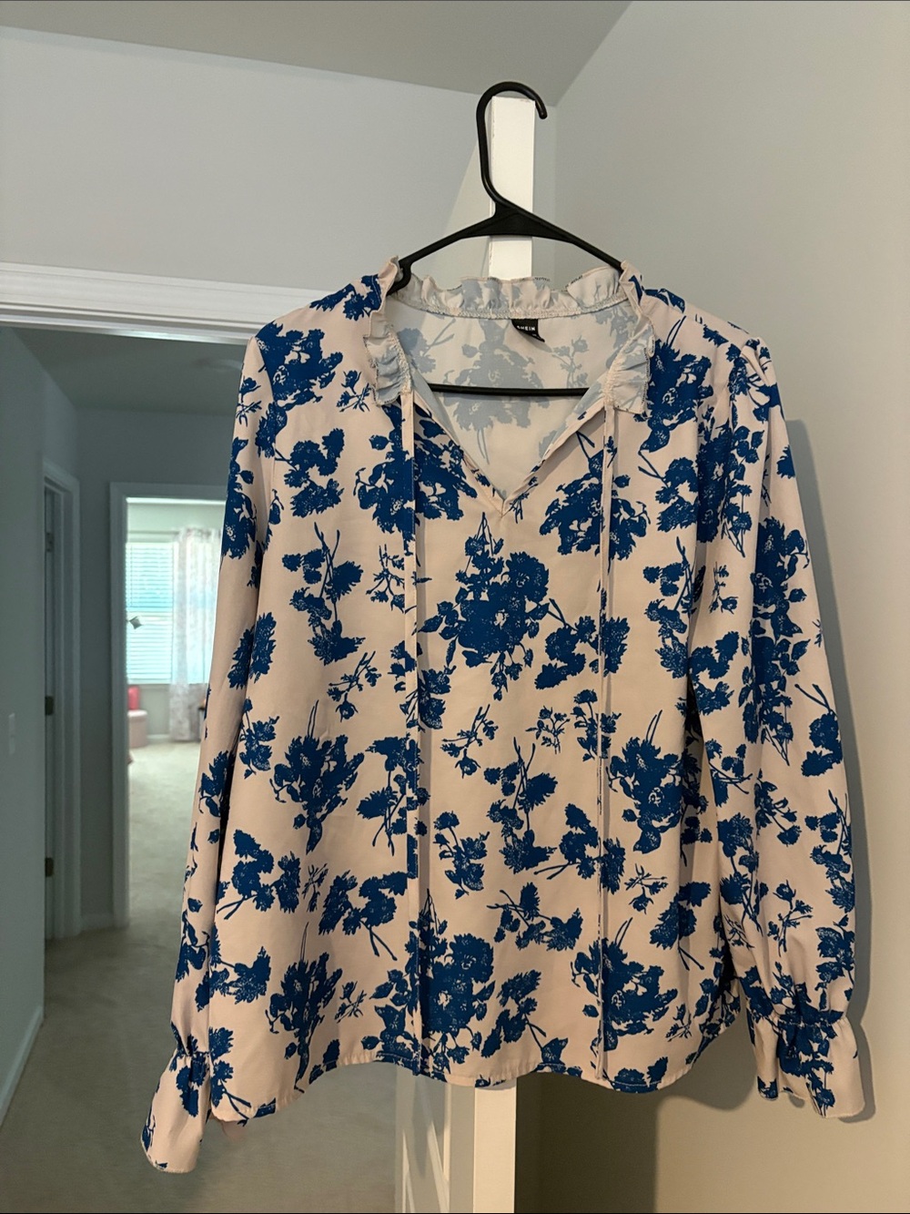 Blue Floral Tie-Neck Blouse